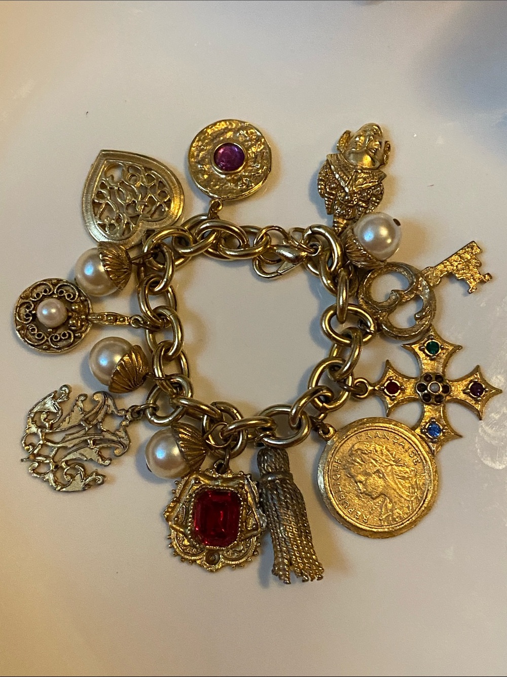 VTG French Etruscan Couture Matte Gold Charm Bracelet